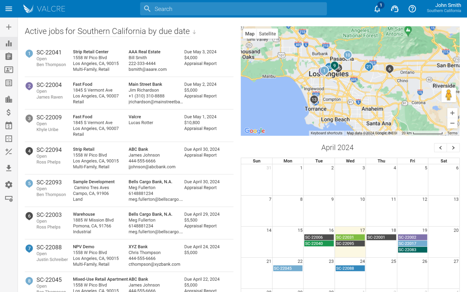 Valcre workflow dashboard listing active appraisal jobs by due date with map and calendar