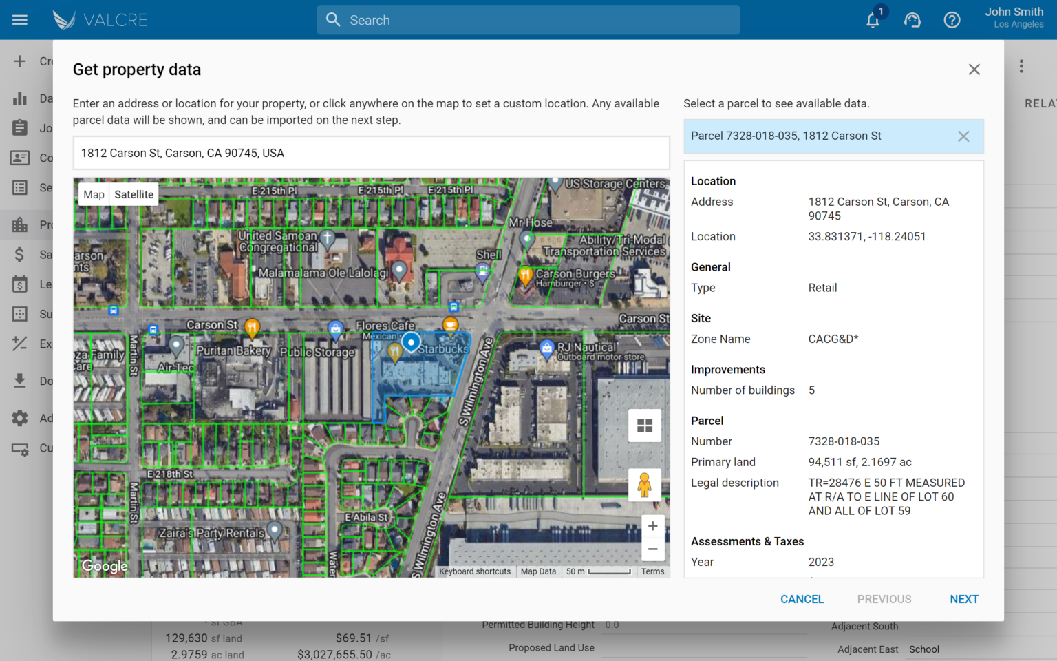 Valcre property research tool showing parcel selection on a map with location, zoning and assessment data