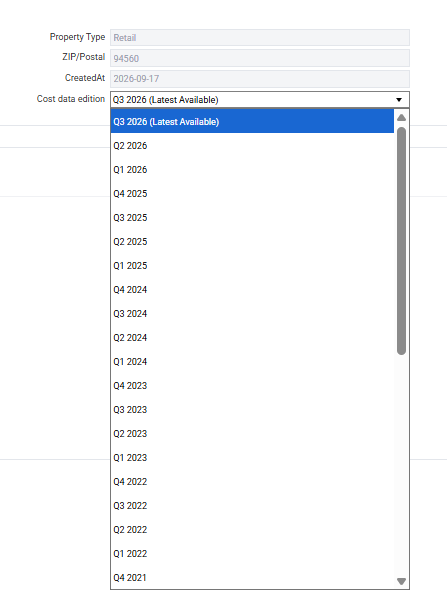 Cost data edition selector listing quarterly editions back to 2021