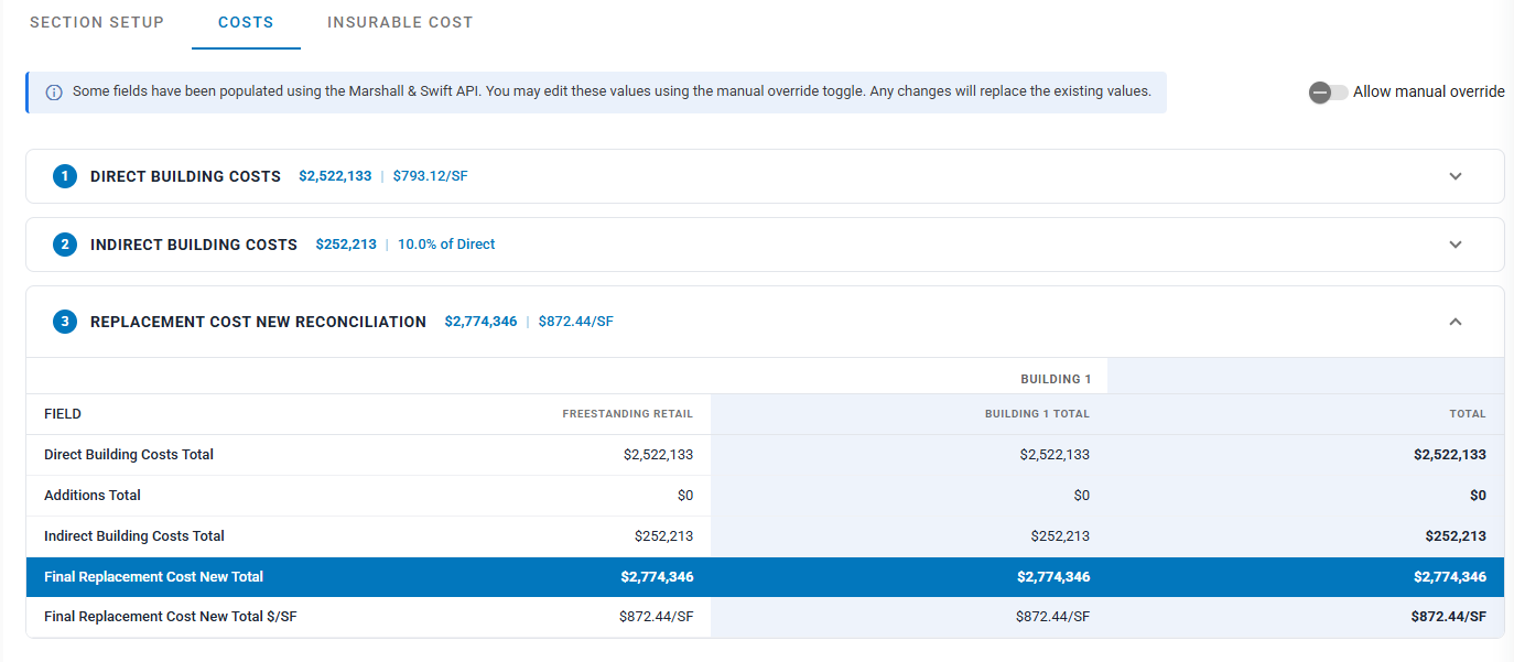 Cost summary: direct, indirect, and replacement cost new, populated from the Marshall & Swift API