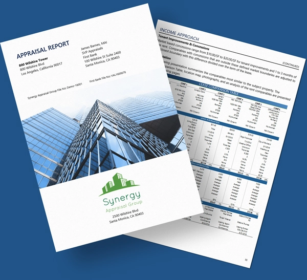 A branded appraisal report for a sample firm, with cover page and income approach pages