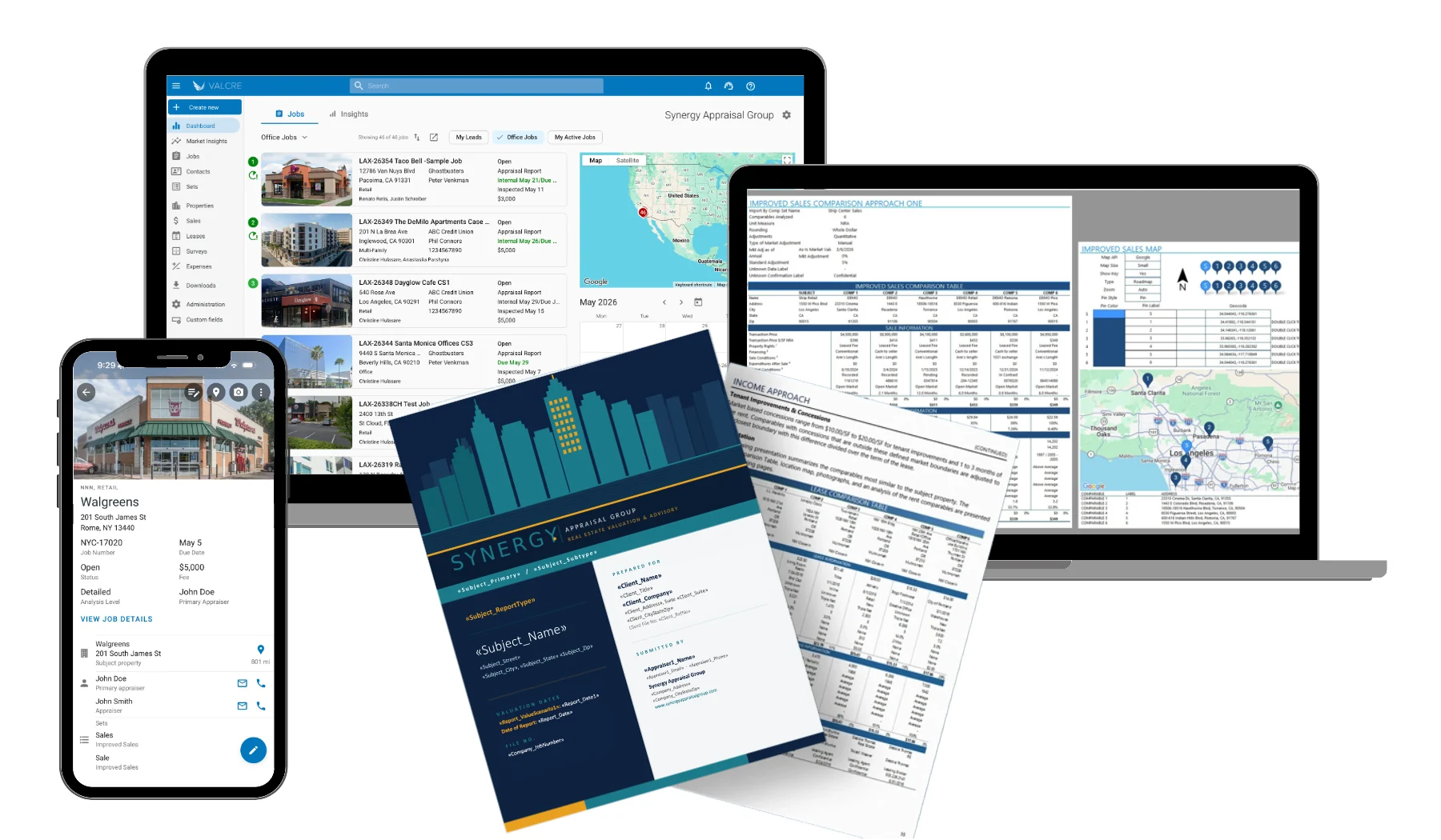Valcre Online, Valcre Mobile, the Valuation Workbook and a branded report, set up for a sample firm