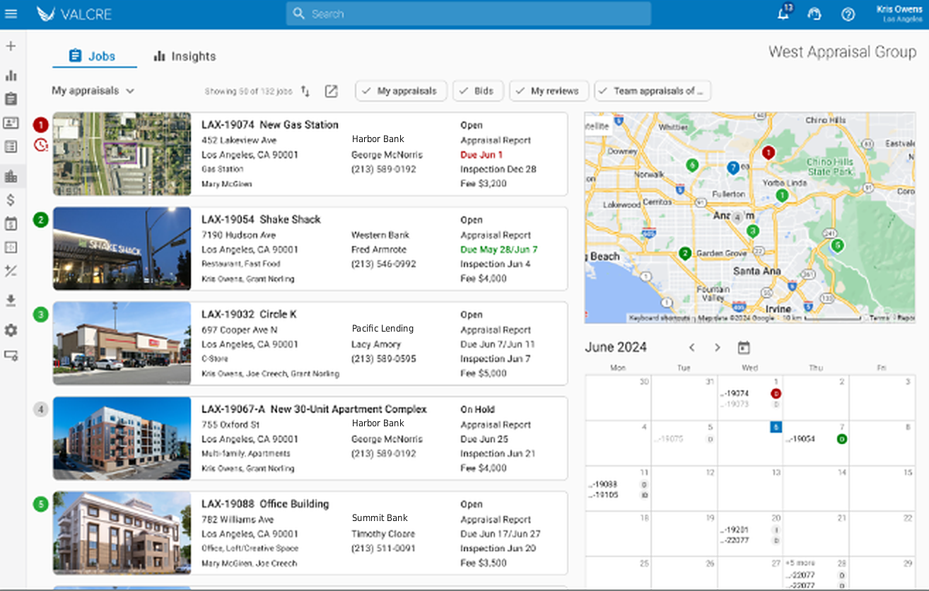 Valcre Online with a firm's jobs, map and calendar
