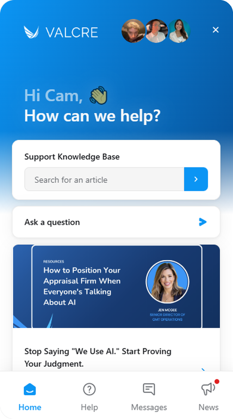 The Valcre support window, where customers can search the knowledge base, ask a question or message the team