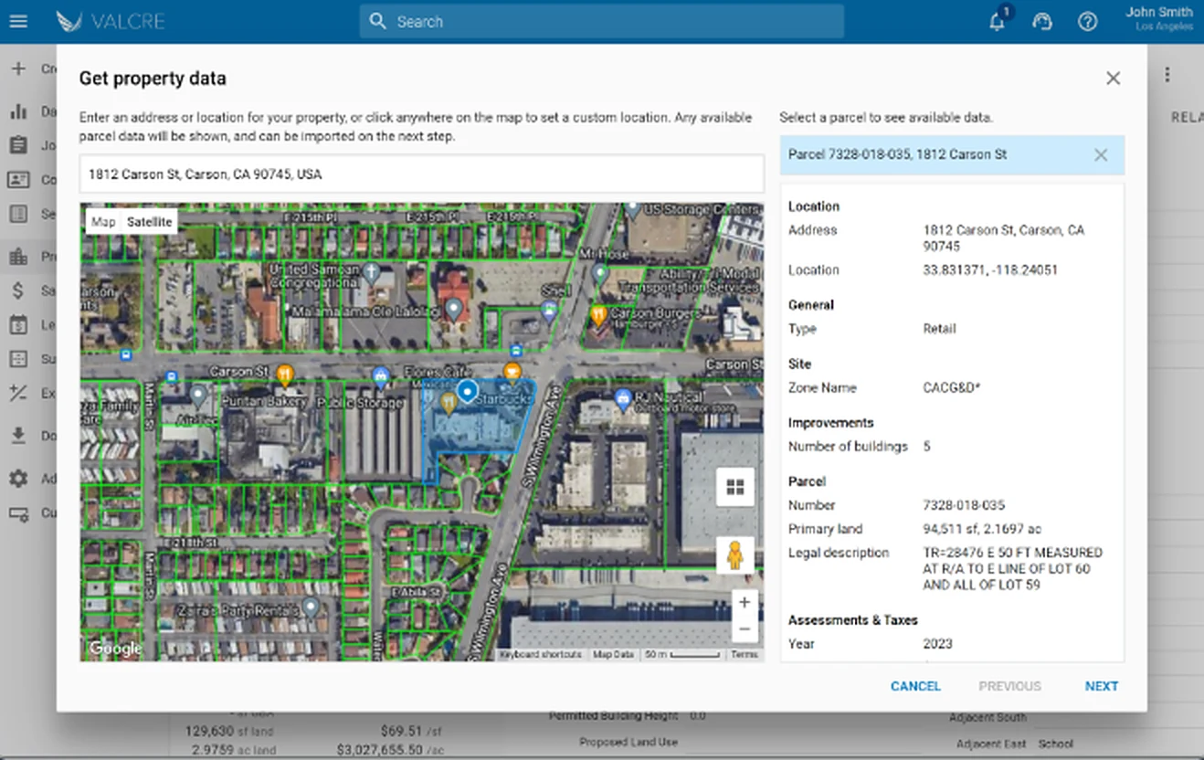 Selecting a parcel on a map to pull public property data into Valcre