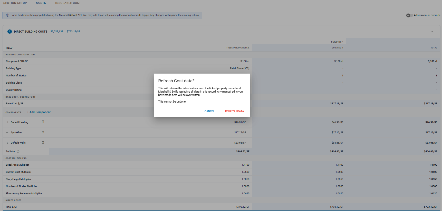Refresh Cost data dialog retrieving the latest Marshall & Swift values