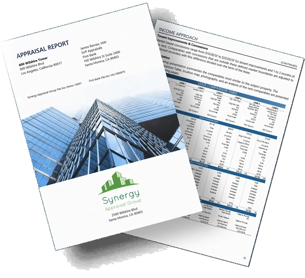 A branded appraisal report cover and income approach pages