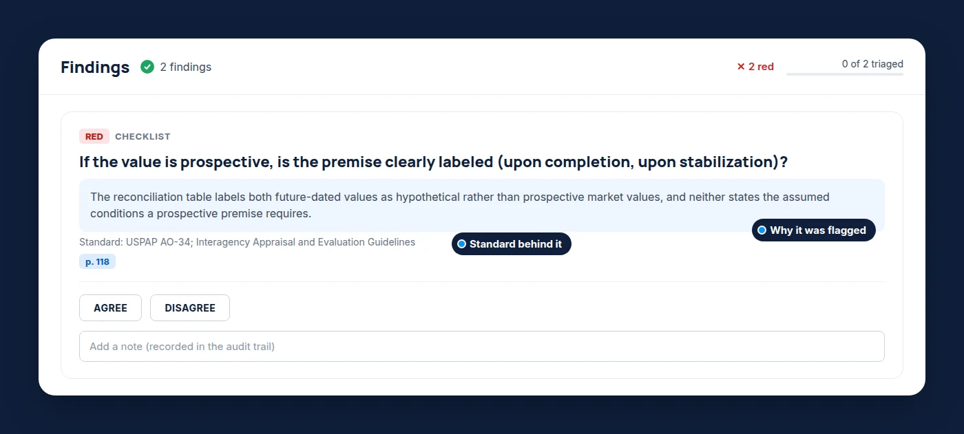 Report Review finding explaining why a prospective value premise was flagged, with the standard behind it, the page citation, and agree or disagree buttons