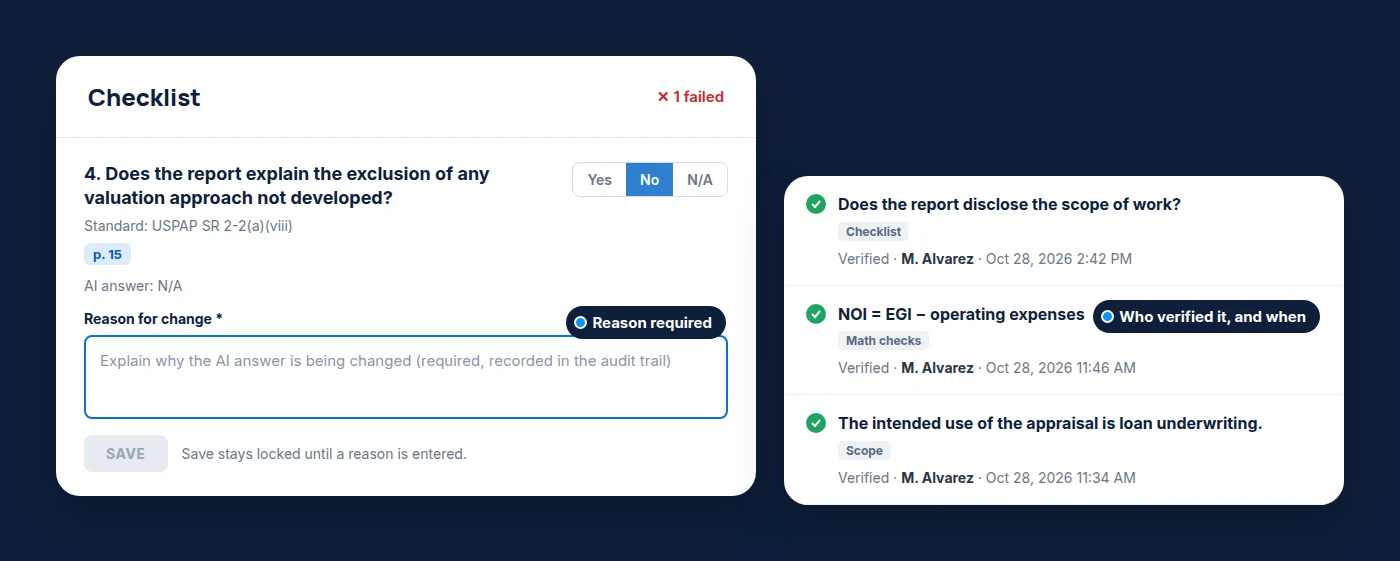 Reviewer override requiring a written reason before saving, and verified items stamped with reviewer name and time