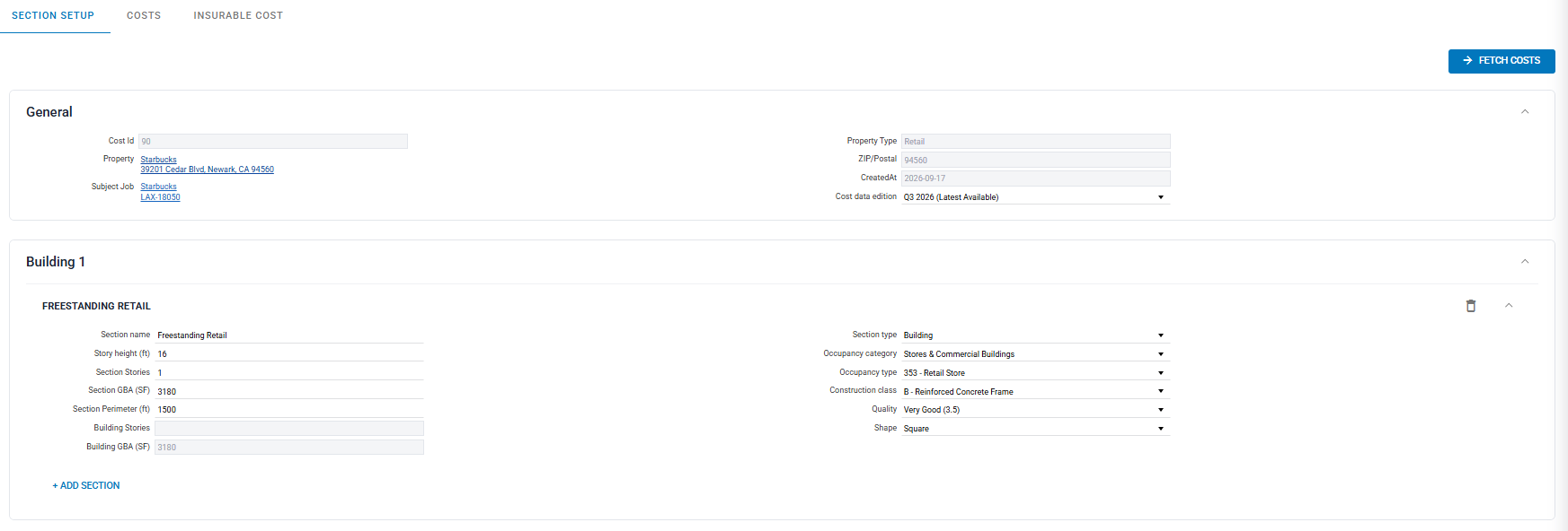 Section Setup linking the cost record to the property and subject job