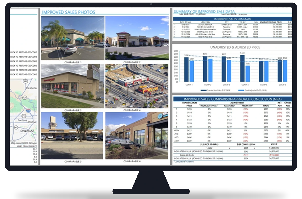 The Valuation Workbook on a monitor with comparable photos, a map, an adjusted price chart and the sales comparison conclusion